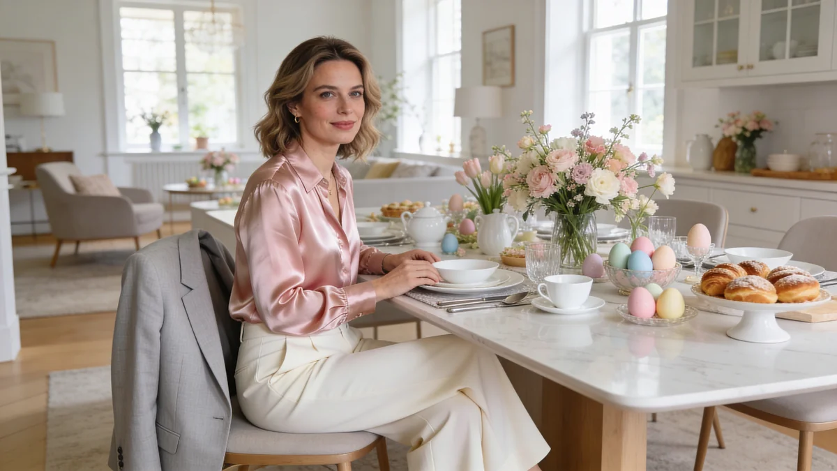 Elegante Frau in einem pastellfarbenen Frühlings-Outfit an einem festlich gedeckten Tisch mit Osterdekorationen