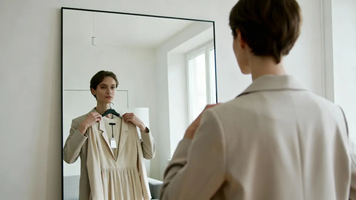 Frau betrachtet Outfit auf Smartphone in hellem Raum