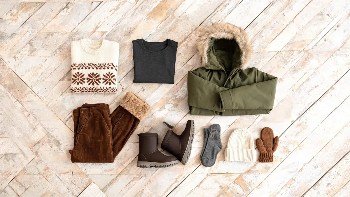 Flatlay mit Norwegerpullover, grauem Merinoshirt, brauner Cordhose, olivfarbenem Parka mit Fellkapuze, Snowboots, Wollsocken, Mütze und Fäustlingen