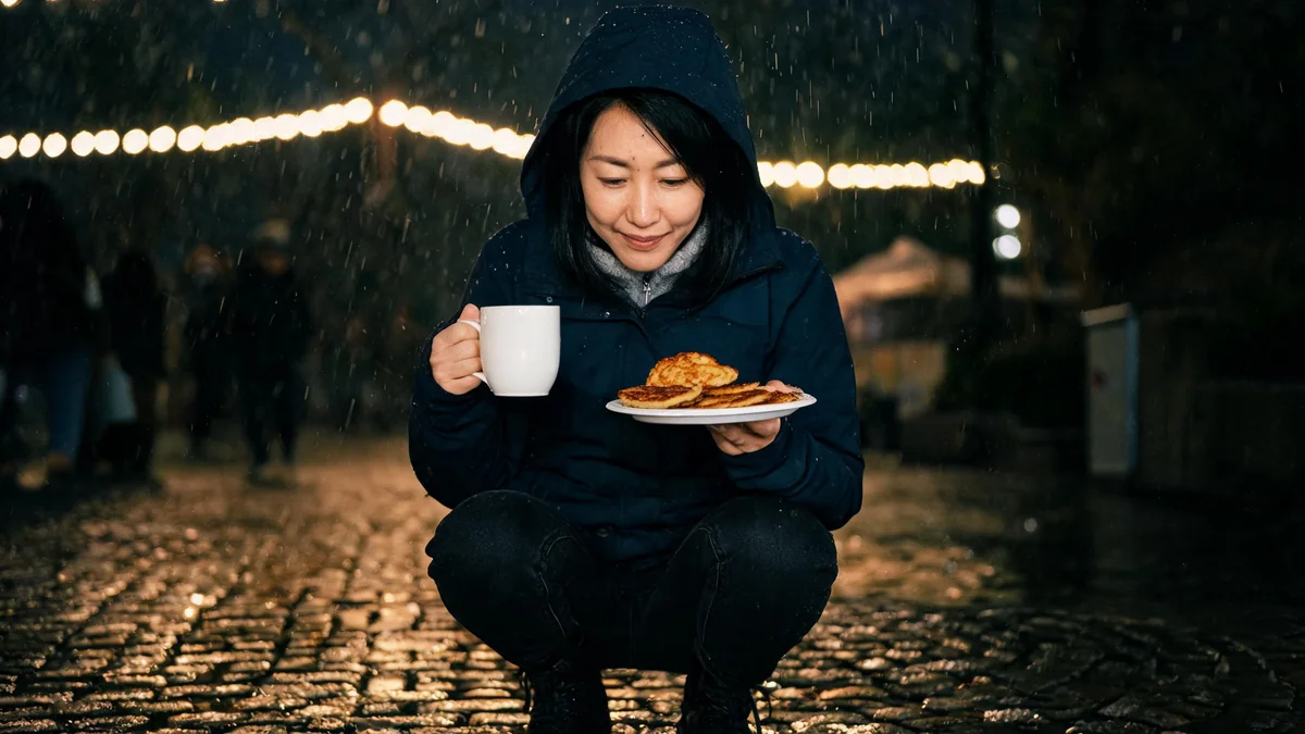 Frau im knielangen dunkelblauen Regenparka mit Kapuze hält Glühwein und Reibekuchen auf nassem Kopfsteinpflaster