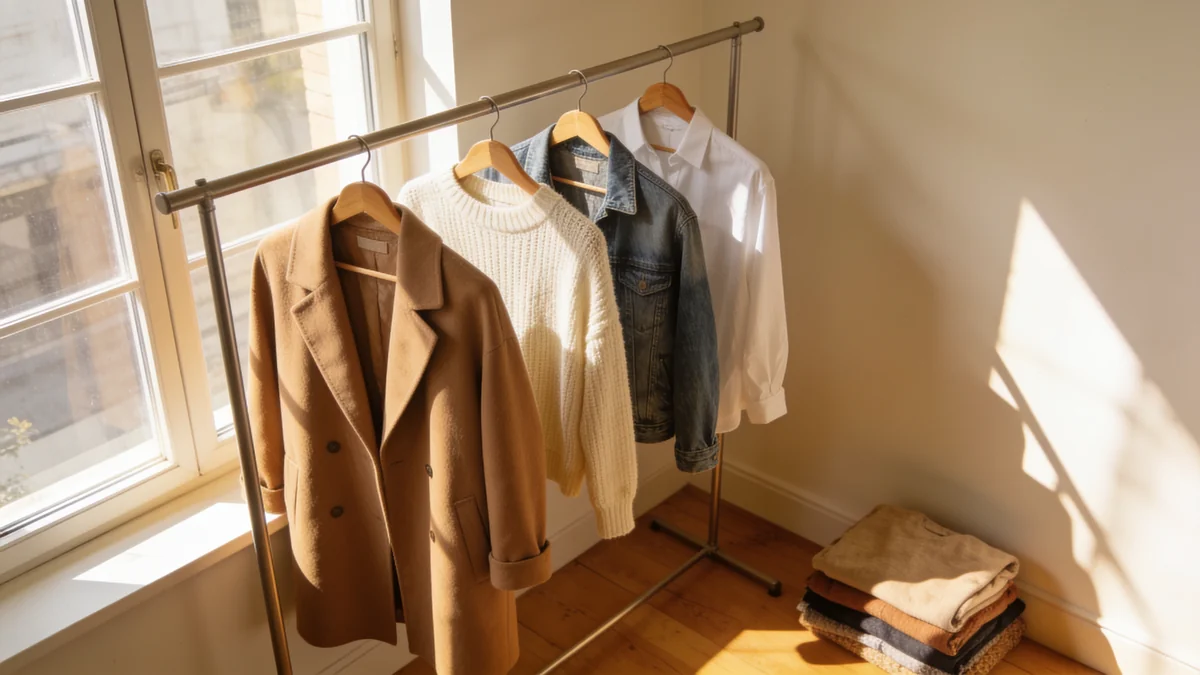A clothing rail by a sunny window with coordinated neutral garments on wooden hangers, the cozy look of a small fashion shop run from home