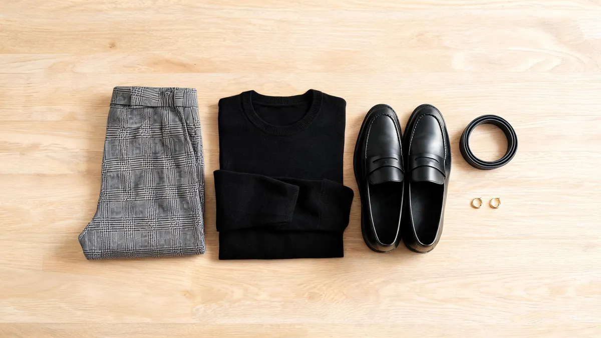 Flat lay of grey check wool trousers, a black merino crewneck sweater, black leather loafers, a thin black belt and small gold hoop earrings on a pale oak table