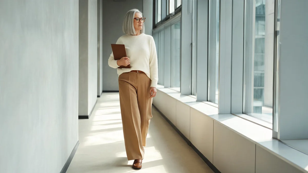 Woman in her fifties with a silver bob wearing camel wide-leg trousers, a cream merino sweater tucked at the front and brown loafers in an office corridor