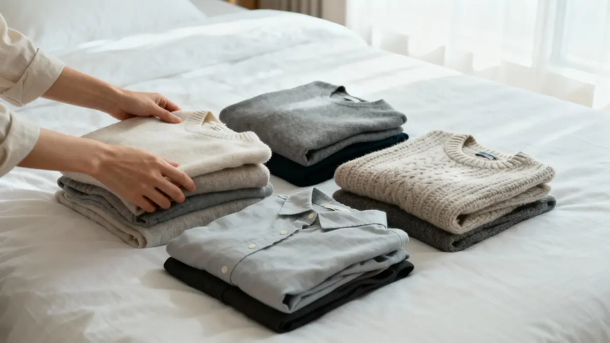 Person organizing minimal wardrobe pieces on bed