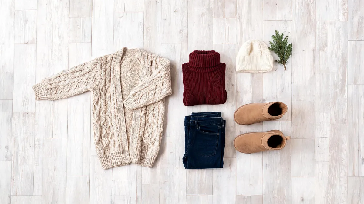 Overhead flat lay of a long oatmeal cable-knit cardigan, burgundy turtleneck, dark slim jeans and tan suede ankle boots
