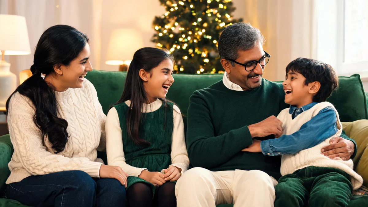 Family of four in coordinated cream, deep green and denim knitwear posing together on a sofa in a living room decorated for Christmas