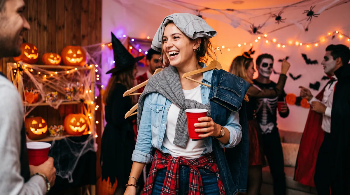 The Chair Halloween costume, a person layered in piled clothes with hangers on their collar beside a bedroom chair