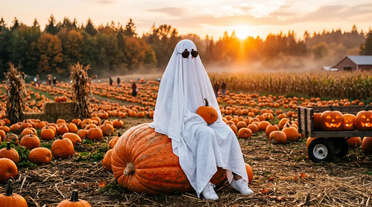 Chic sheet ghost costume with black sunglasses and white sneakers photographed at golden hour