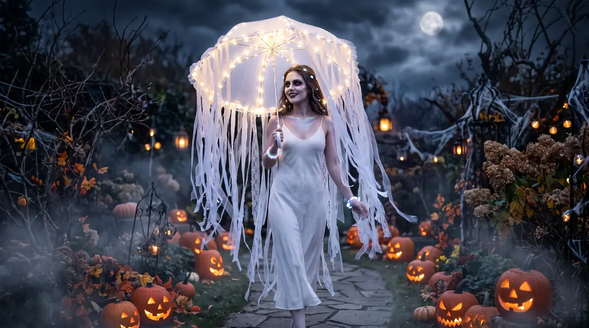 Glowing jellyfish Halloween costume made from a white umbrella with ribbon tentacles and fairy lights at dusk