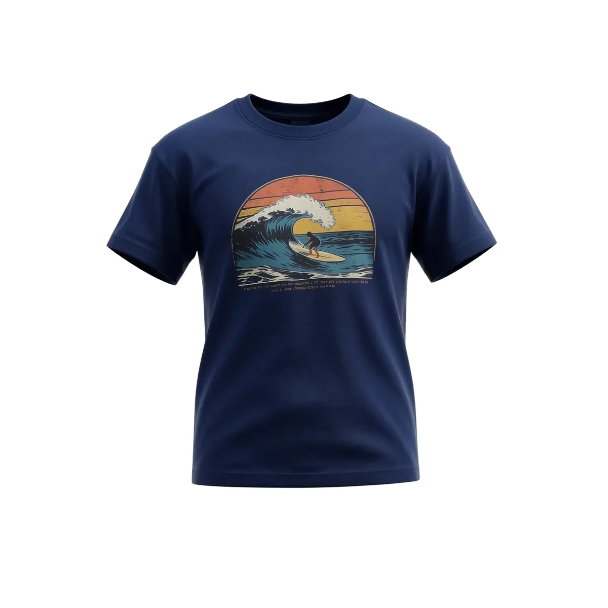 A clean navy surf graphic t-shirt shown as a professional ghost mannequin product photo, holding a worn 3D shape with a hollow neckline on a white background