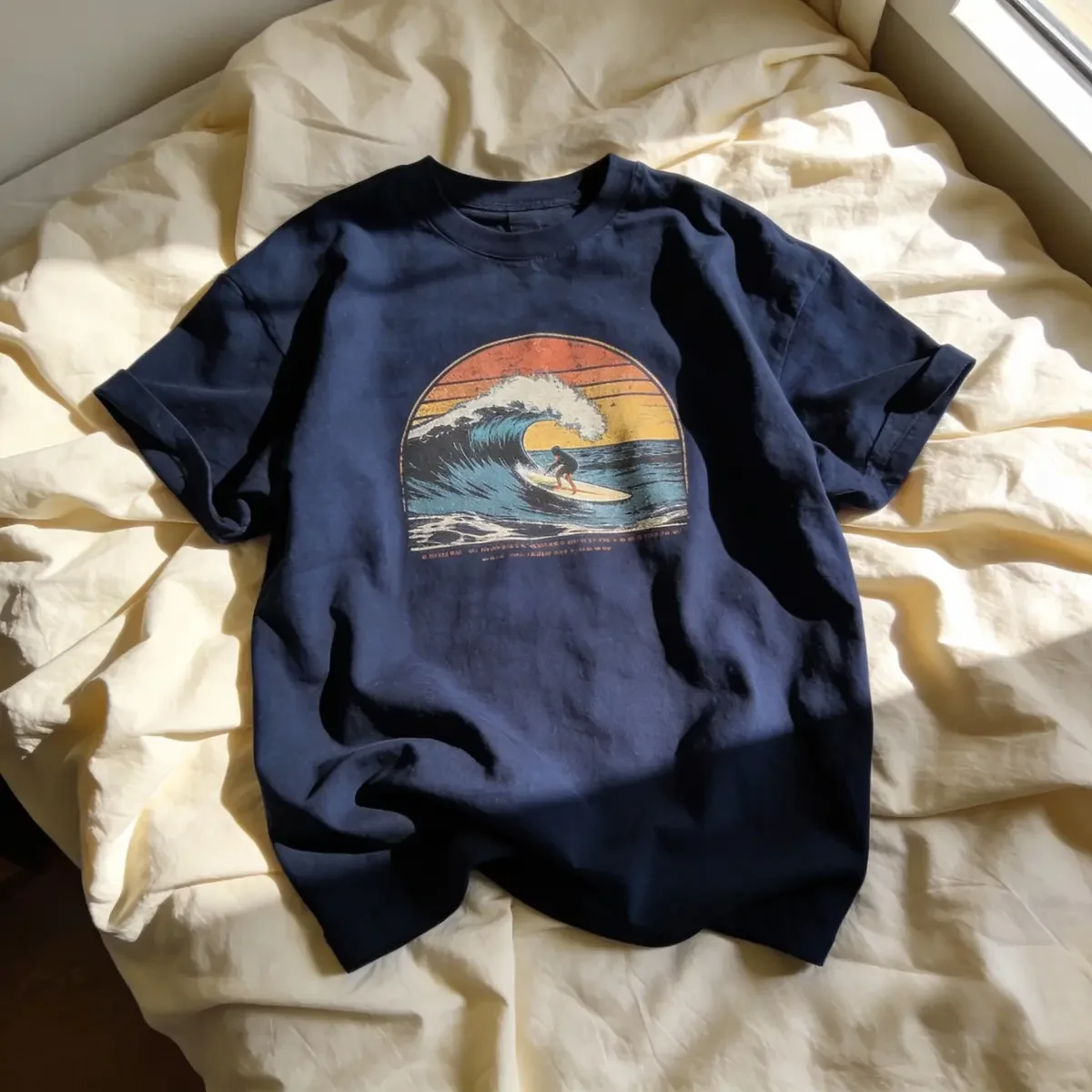 A navy surf graphic t-shirt laid casually on cream bedding near a window, a typical amateur listing photo