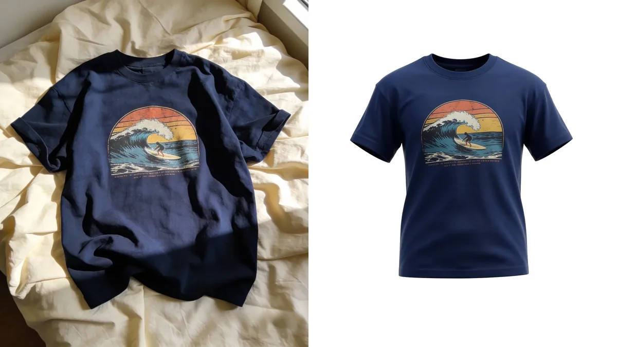 A navy surf graphic t-shirt photographed two ways: a casual flat-lay phone photo on bedding, next to a clean professional ghost mannequin product shot on white
