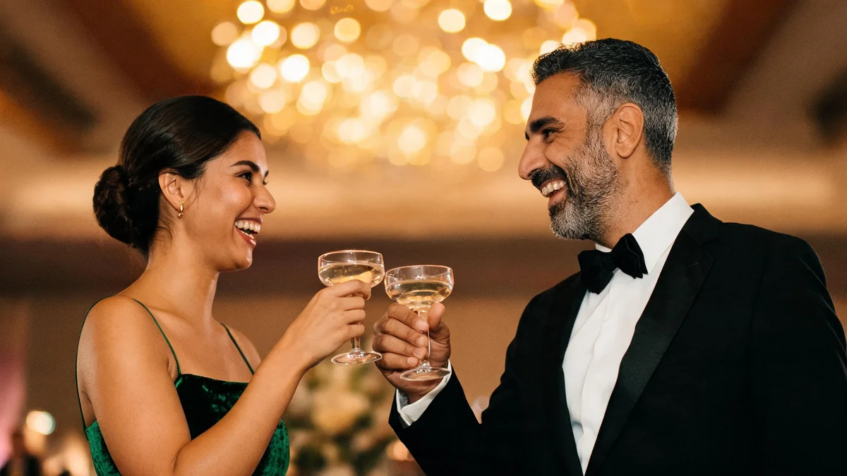 Couple at a black-tie New Year's Eve party, the woman in an emerald velvet column gown and the man in a black tuxedo with a bow tie