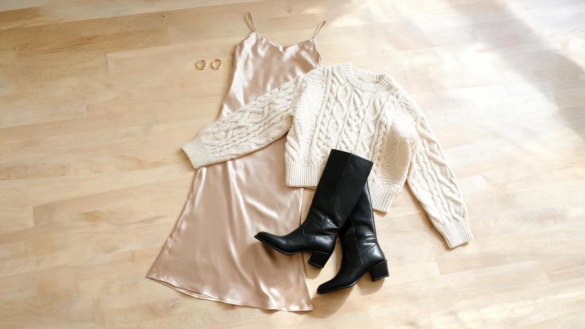 Flat lay of a champagne satin midi skirt, cream cable-knit sweater, black knee boots and small gold hoop earrings