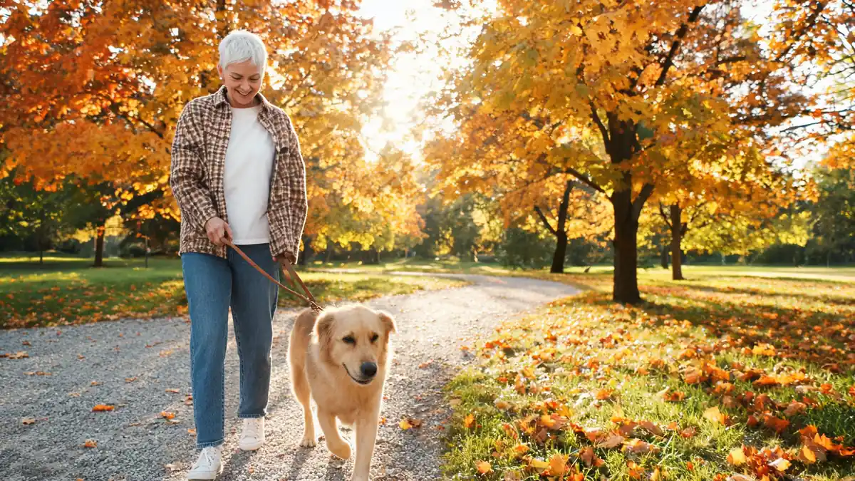 Woman in her sixties walking a dog through a sunny autumn park in an open brown check shacket, white long-sleeve tee and straight jeans