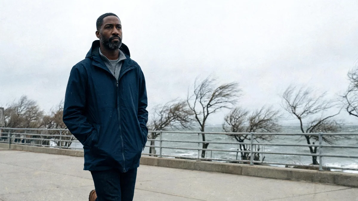 Man in a zipped navy hooded rain jacket, grey quarter-zip and dark jeans walking along a windy waterfront path on an overcast day