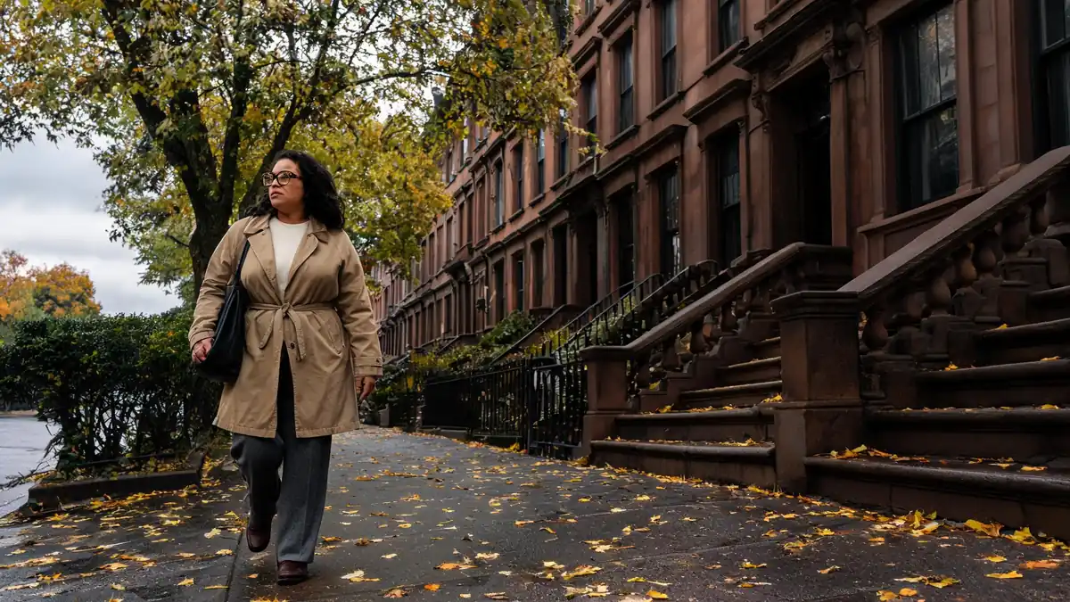 Woman walking to work on a cloudy morning in a belted khaki trench coat over a cream sweater, charcoal wide-leg trousers and brown loafers