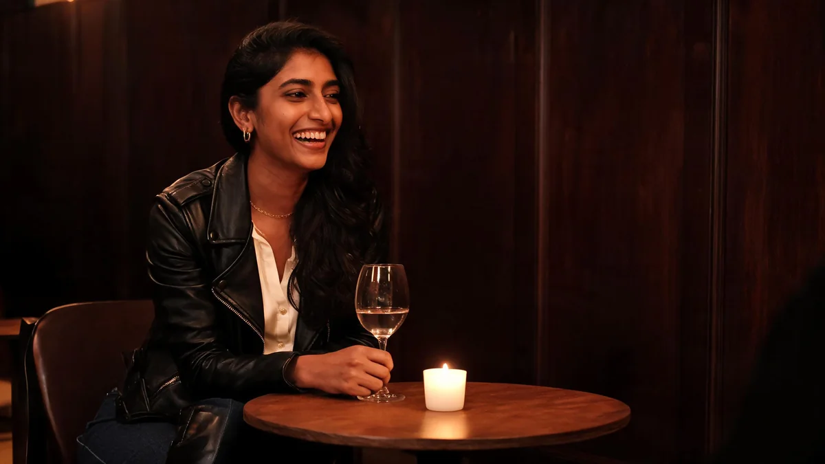Woman in a black leather jacket, ivory silk blouse and dark jeans laughing at a candlelit restaurant table