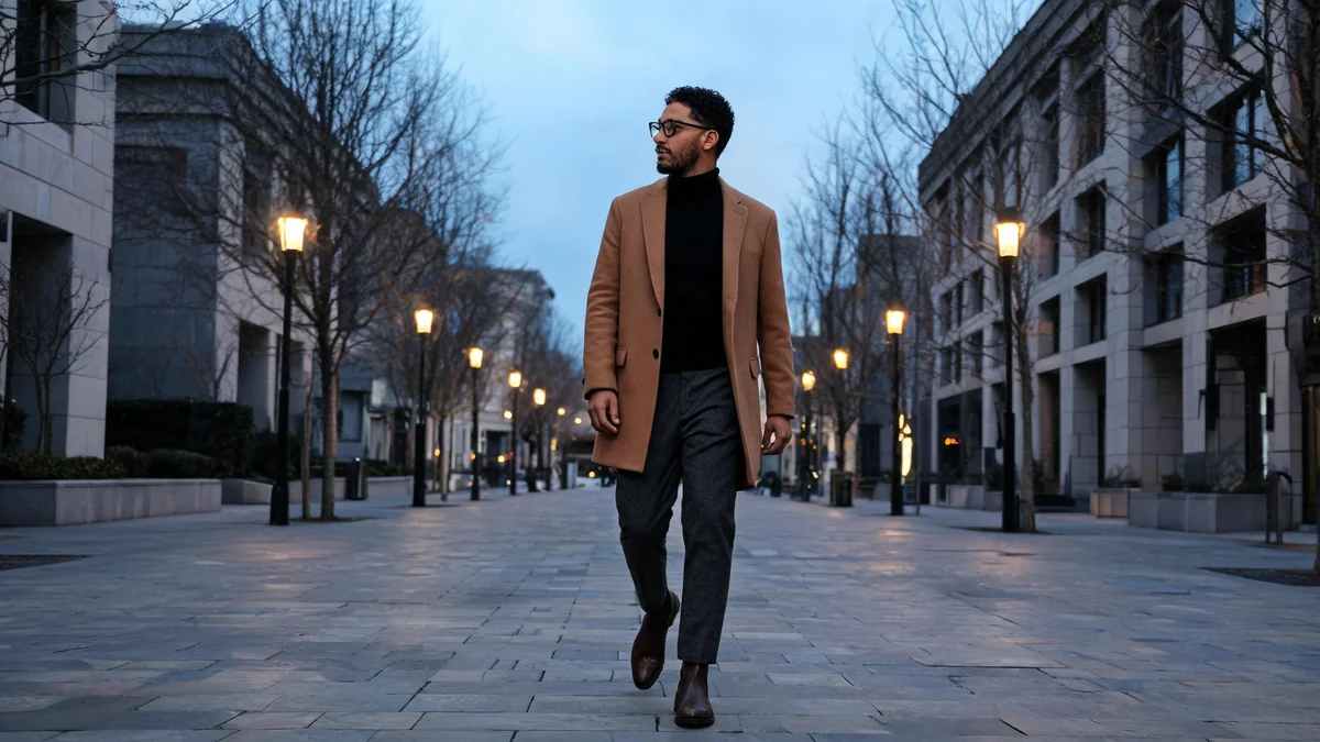 Man in a camel overcoat, black roll-neck sweater, grey wool trousers and brown Chelsea boots on a city street at dusk