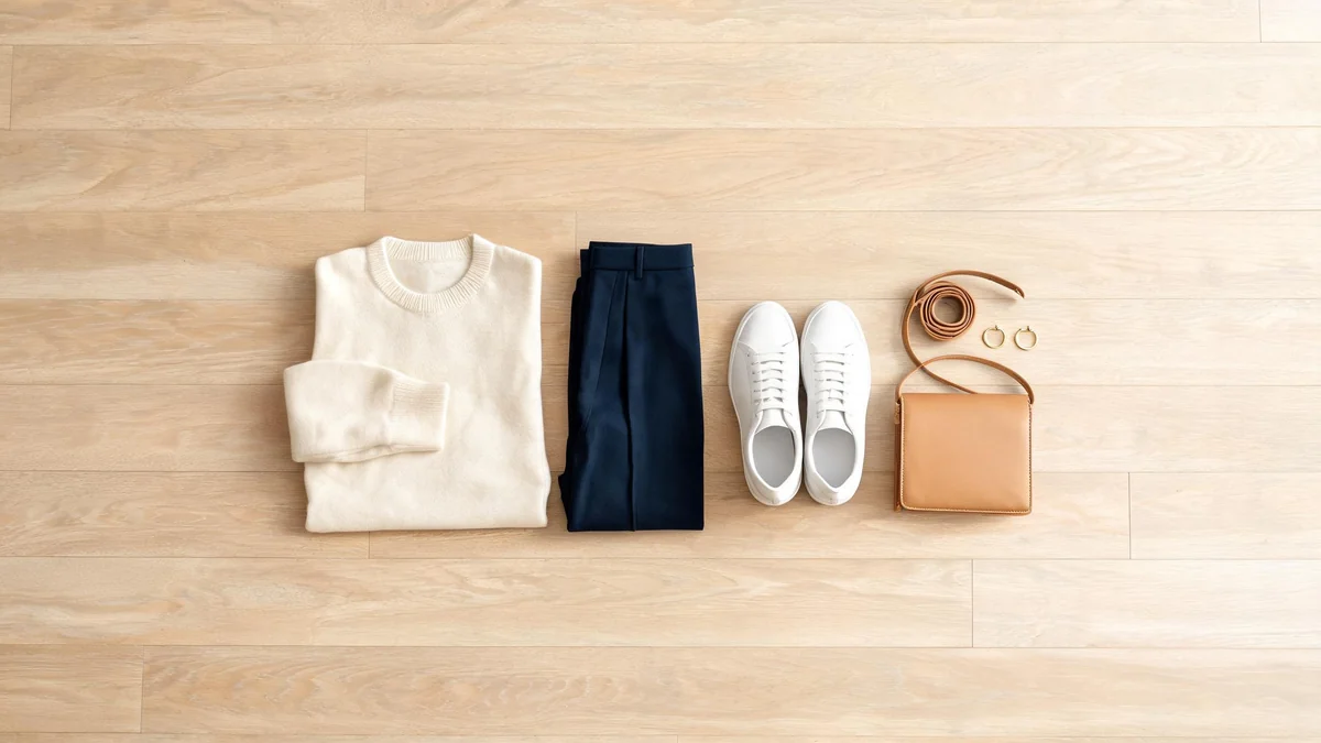 Flat lay of navy crease-front trousers, a cream fine-knit sweater, white leather sneakers and a tan crossbody bag