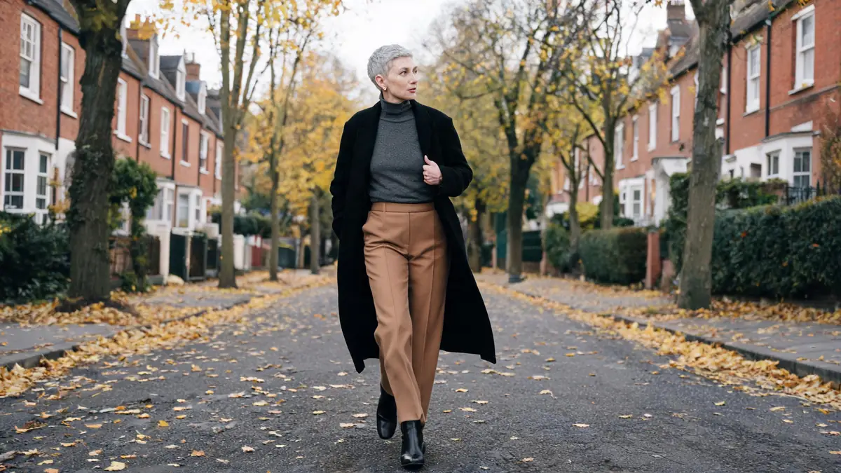 Woman in her late fifties in a charcoal turtleneck, camel wool trousers, open black coat and ankle boots on an autumn street