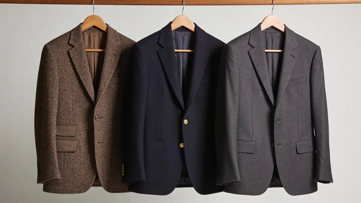 Three jackets side by side on a wooden hanger rail: textured tweed sport coat, classic navy blazer, charcoal suit jacket, neutral studio background