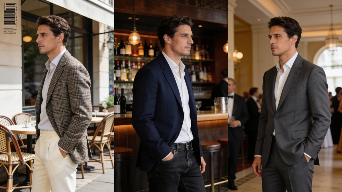 Three men in smart casual scenarios: sport coat with chinos at a cafe, blazer with dark jeans at a restaurant, suit jacket with matching trousers at a formal venue