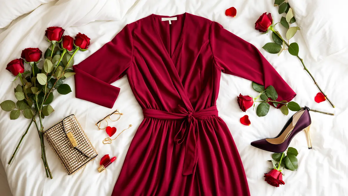 Woman in elegant burgundy dress preparing for Valentine's dinner date