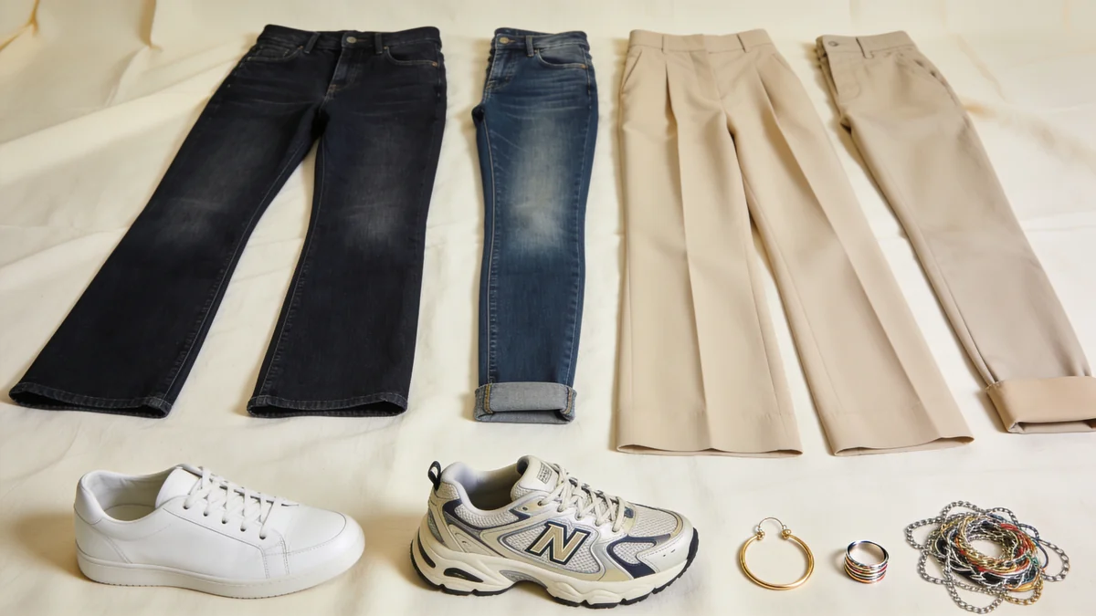 Editorial overhead flat-lay on a warm cream linen surface showing five 2026-appropriate wardrobe pieces alongside their dated 2010s counterparts: a straight-leg jean beside a skinny jean, a modern wide-leg trouser beside a tapered ankle pant, a clean white sneaker beside a heavily logoed dad sneaker, a simple silver hoop beside a layered chain necklace stack, a single delicate ring beside a multi-stack ring arrangement, refined editorial palette, no logos no text
