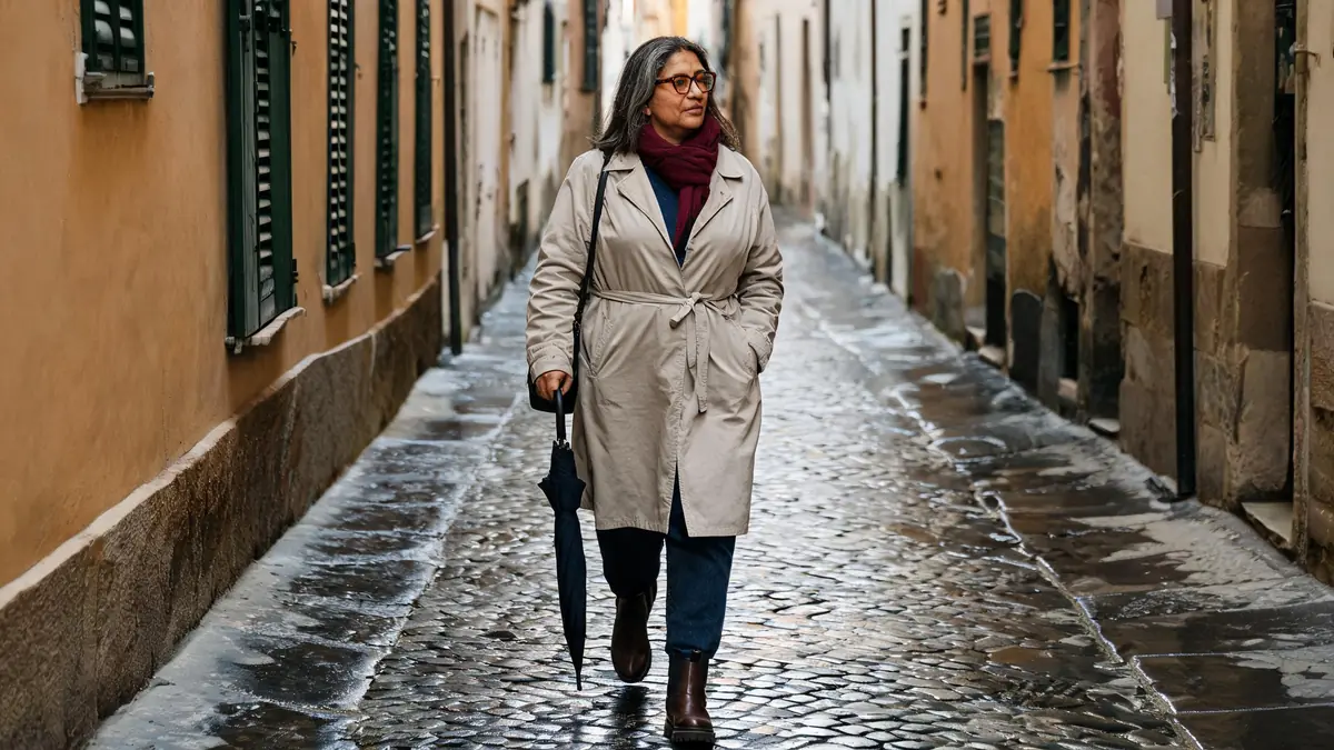 Woman in a beige trench coat, navy sweater, dark jeans and brown leather Chelsea boots walking down a wet cobblestone lane in Florence in October