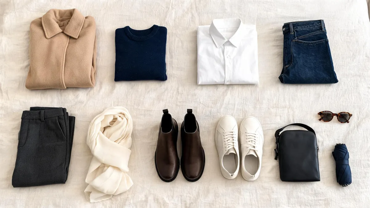Flat lay of an Italy packing list: camel wool coat, navy sweater, white shirt, dark jeans, charcoal trousers, cream scarf, brown Chelsea boots and leather sneakers