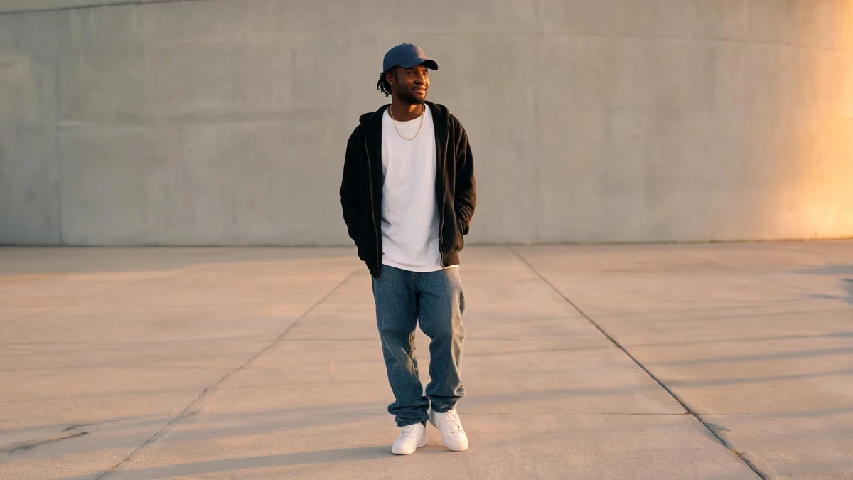 Young man in an oversized plain white tee, open black zip hoodie, baggy mid-wash jeans, navy cap and clean white sneakers outside a venue at golden hour