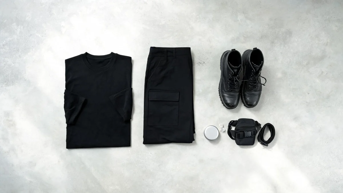 Flat lay of a plain black tee, black cargo pants, laced black combat boots, a belt bag and reusable earplugs for a metal show