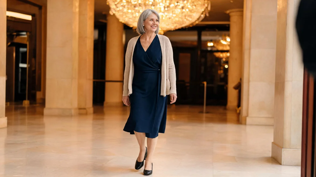 Woman in her late fifties in a navy wrap midi dress, open oatmeal cardigan and low block heels crossing a concert hall foyer