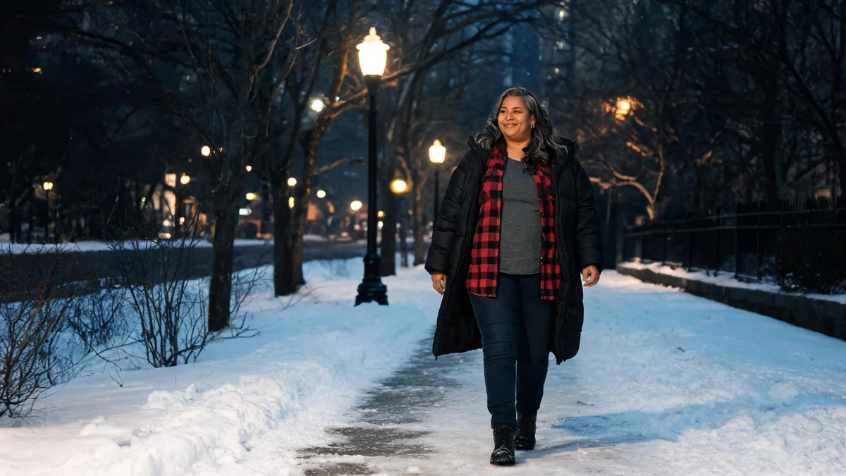 Woman in an open black puffer coat over a red and black flannel, dark jeans and lug-sole boots walking to a winter concert at night