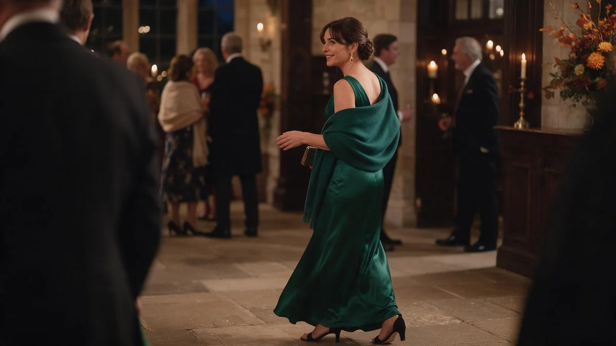 Wedding guest in an emerald floor-length gown with a cashmere wrap at a formal autumn evening wedding