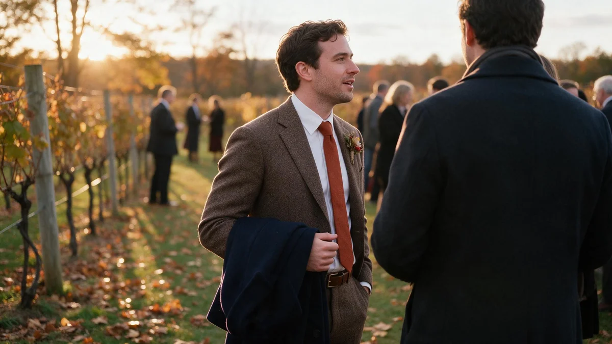 Man in a brown tweed suit with a rust tie and leather derby shoes at a fall wedding, wool overcoat over his arm