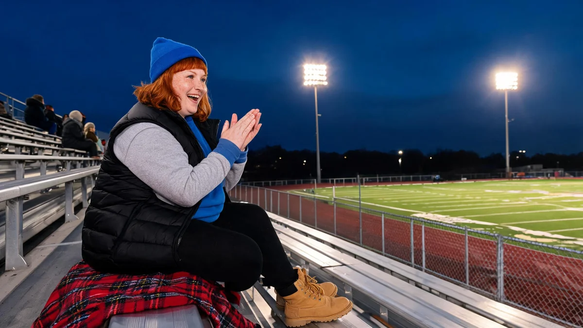 Woman on metal high school bleachers at night in a puffer vest over a blue crewneck sweatshirt, fleece-lined leggings and lug-sole boots, sitting on a folded plaid blanket