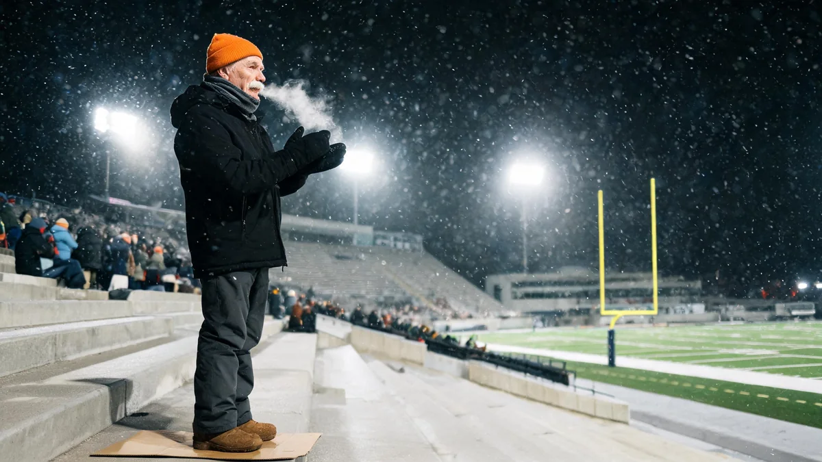 Older man at a snowy night football game in a long black parka, neck gaiter pulled below his chin, orange beanie, mittens and snow pants, standing on flattened cardboard