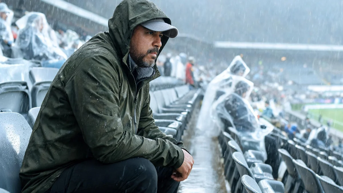 Man in stadium seats during steady rain wearing an olive waterproof shell with the hood up over a plain cap, a fleece collar showing, quick-dry pants and waterproof boots