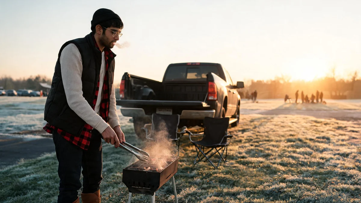 Man at a morning college tailgate in an open buffalo-check flannel over a cream thermal, black quilted vest, dark jeans and duck boots, standing at a small grill