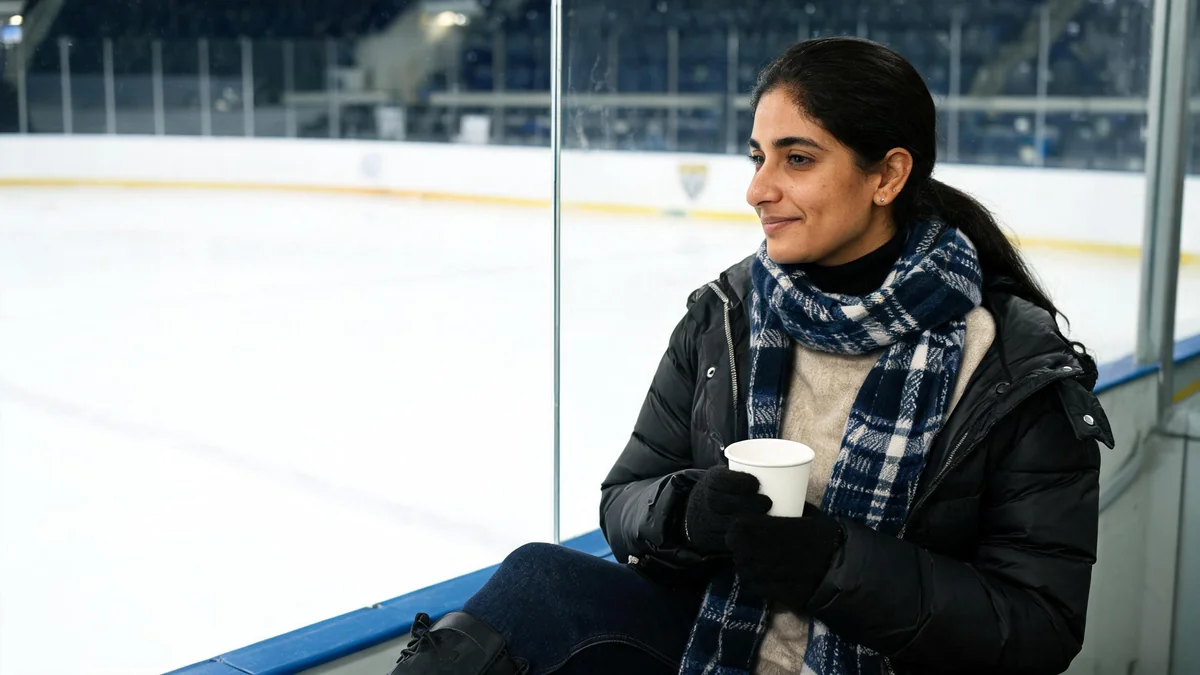 Woman in a black puffer jacket, oatmeal sweater and plaid wool scarf sitting in the front row against the glass of an ice hockey rink