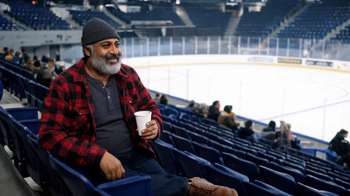 Man with a grey beard in an open red and black buffalo check overshirt over a charcoal thermal henley, sitting in arena seats