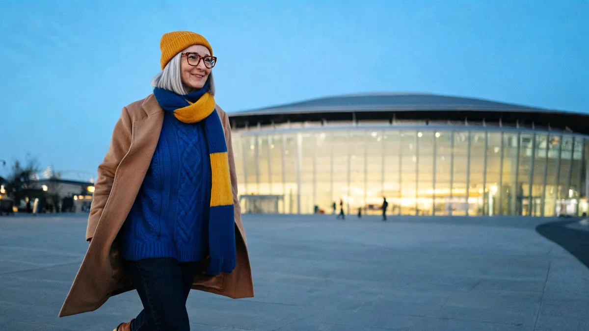 Woman in her fifties in a royal blue cable-knit sweater, camel coat, dark jeans and a yellow beanie walking toward an arena at dusk