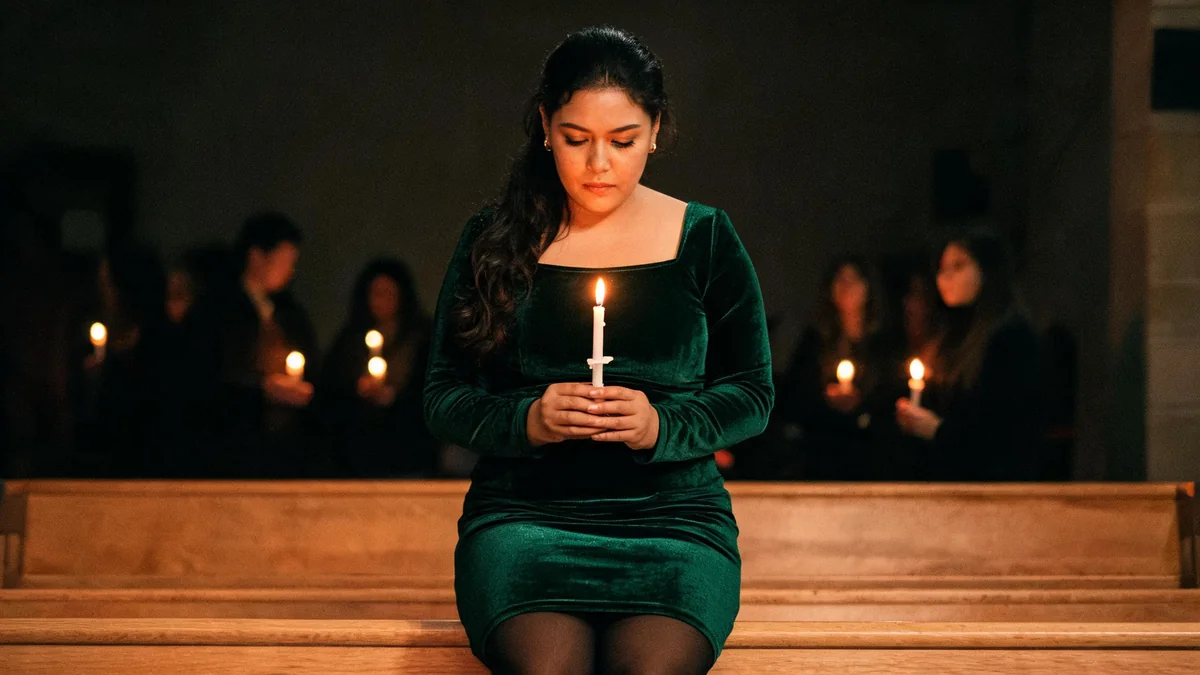 Woman in an emerald velvet midi dress with fitted sleeves holding a lit candle at a Christmas Eve service
