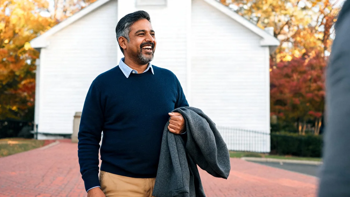 Man in a light blue oxford shirt, navy crewneck sweater, khaki chinos and brown loafers outside a church in autumn