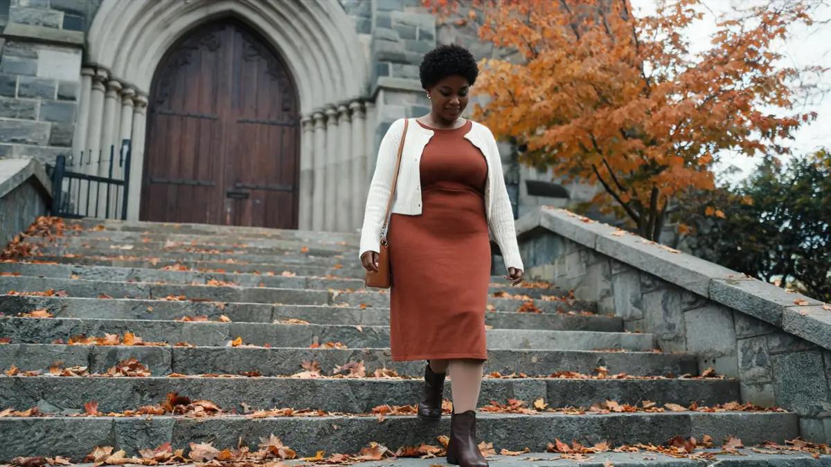Woman in a rust knit midi dress, waist-length cream cardigan and brown ankle boots walking up church steps in autumn