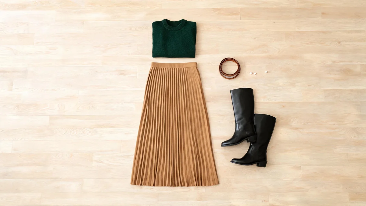 Flat lay of a camel pleated midi skirt, green merino sweater and black knee-high boots for a fall church outfit
