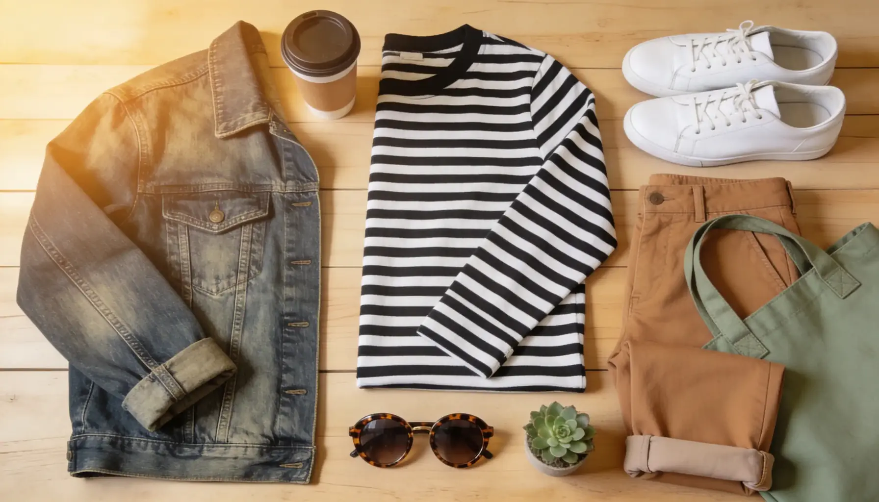 Casual weekend outfit flat lay with a denim jacket, Breton striped tee, camel chinos, white leather sneakers, tortoiseshell sunglasses, and sage green tote on light wood