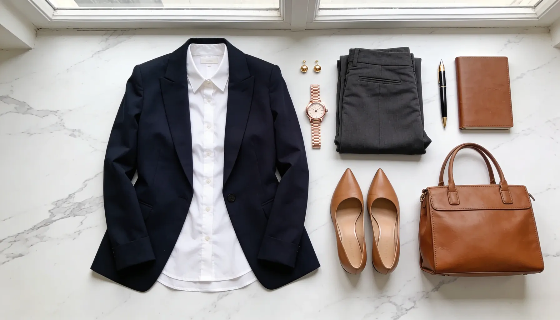 Business casual work outfit flat lay featuring a navy blazer, white button-down shirt, charcoal trousers, tan leather pumps, rose gold watch, and cognac handbag on white marble